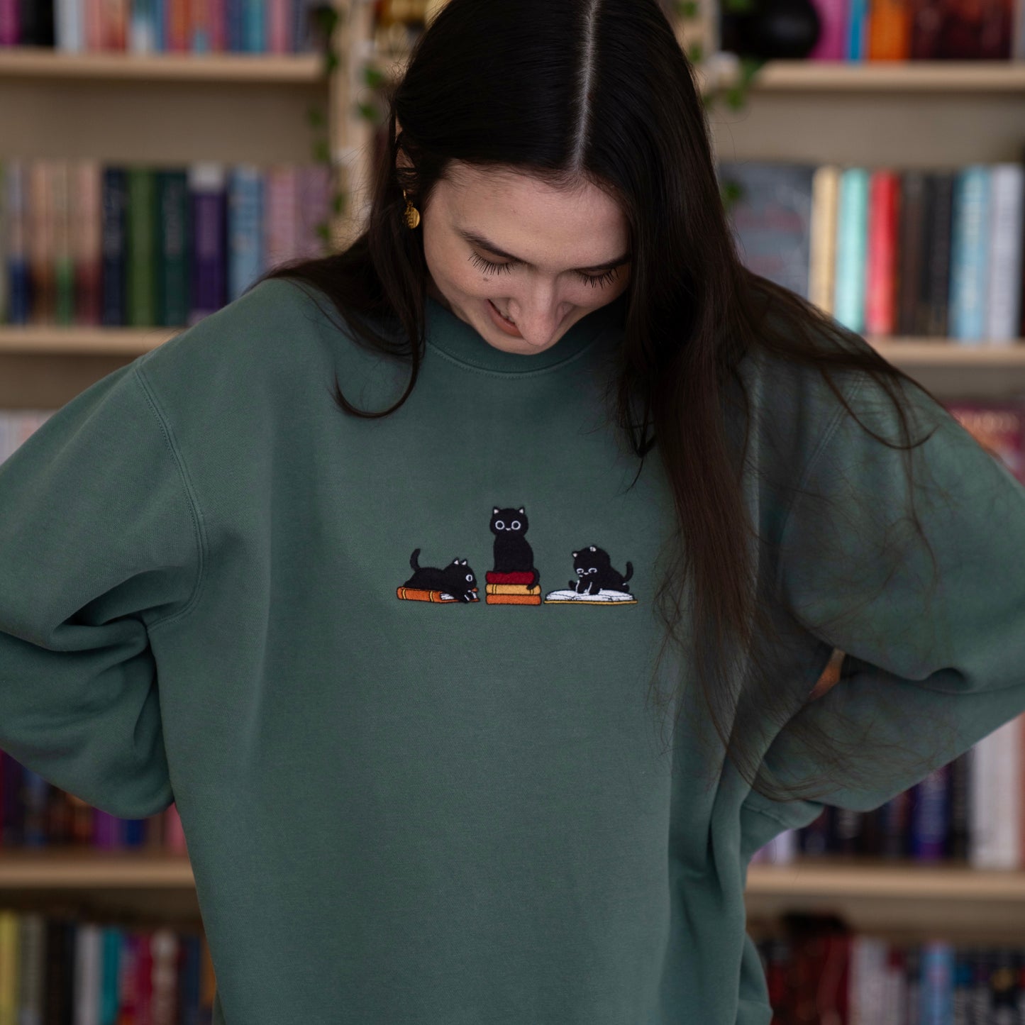 Cats and Books Embroidered Crewneck