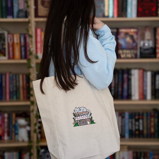 Bookstore Kitty Embroidered Tote Bag