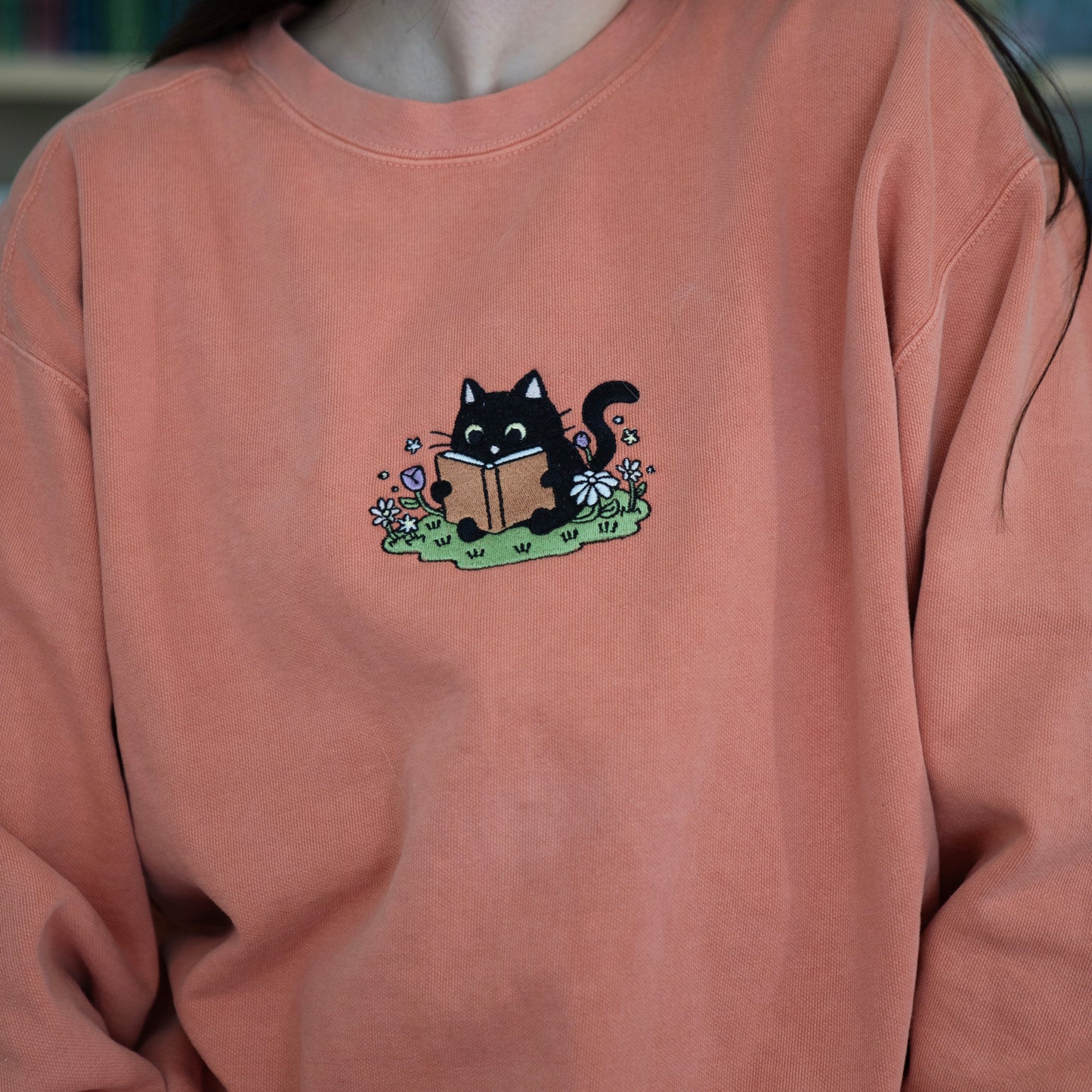Kitty Reading Embroidered Crewneck
