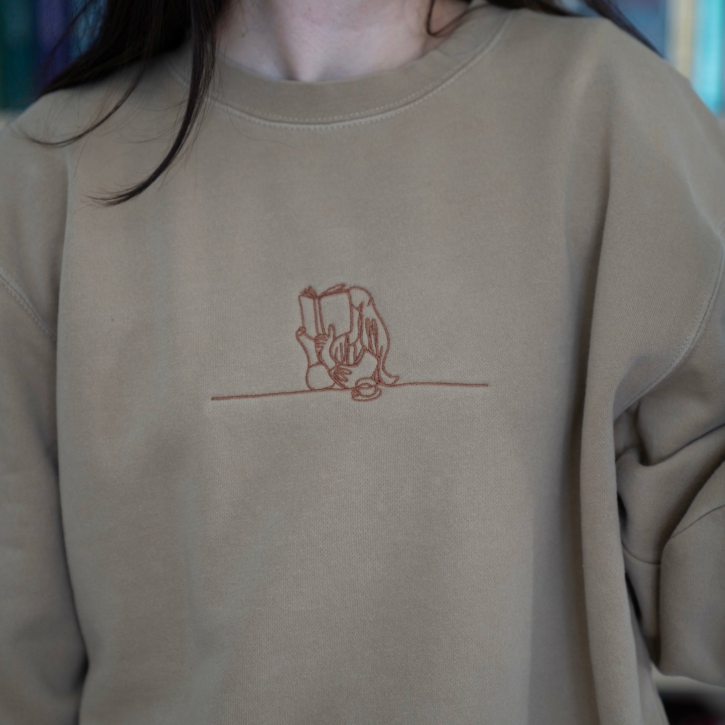 Coffee Shop Reading Line Art Embroidered Crewneck