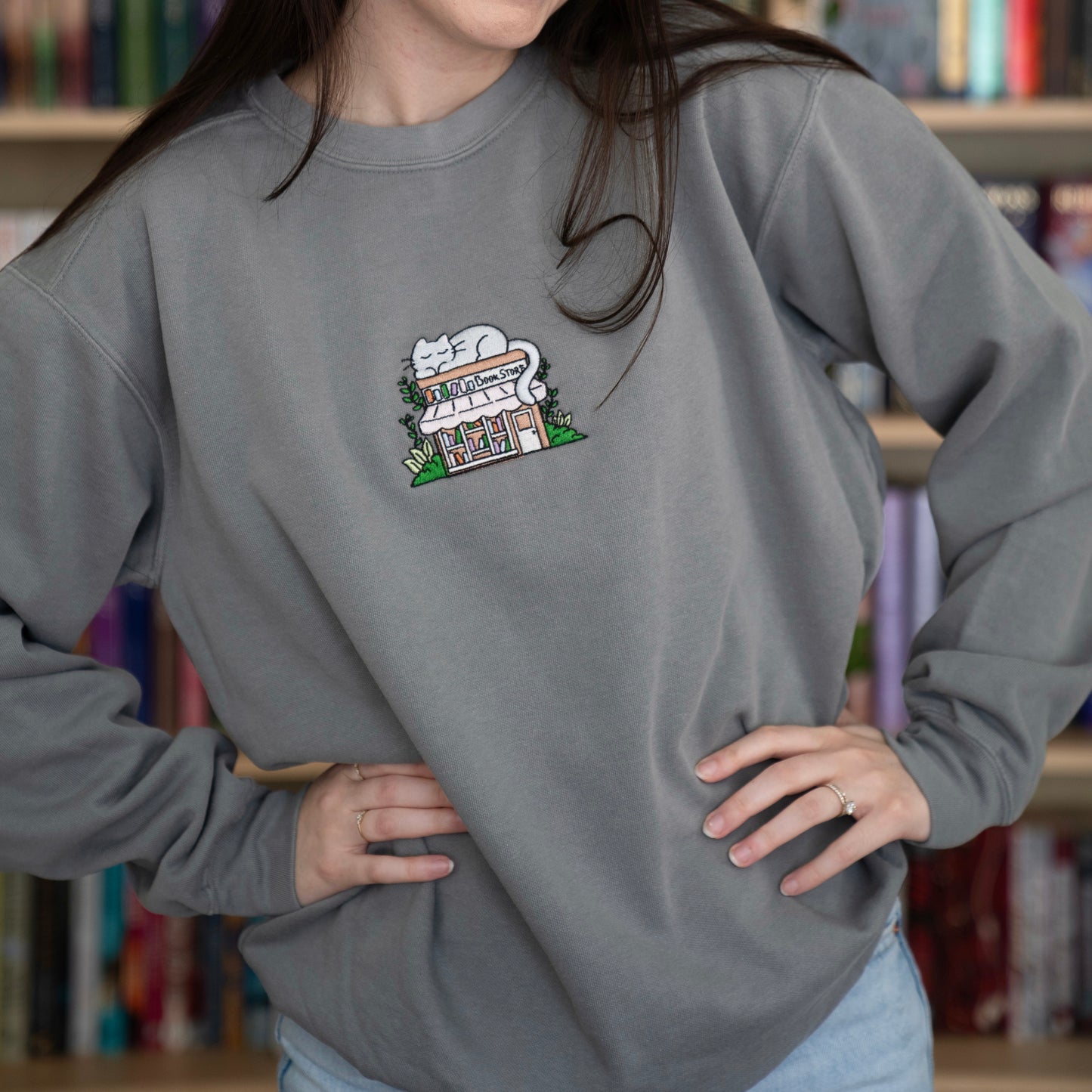 Bookstore Kitty Embroidered Crewneck